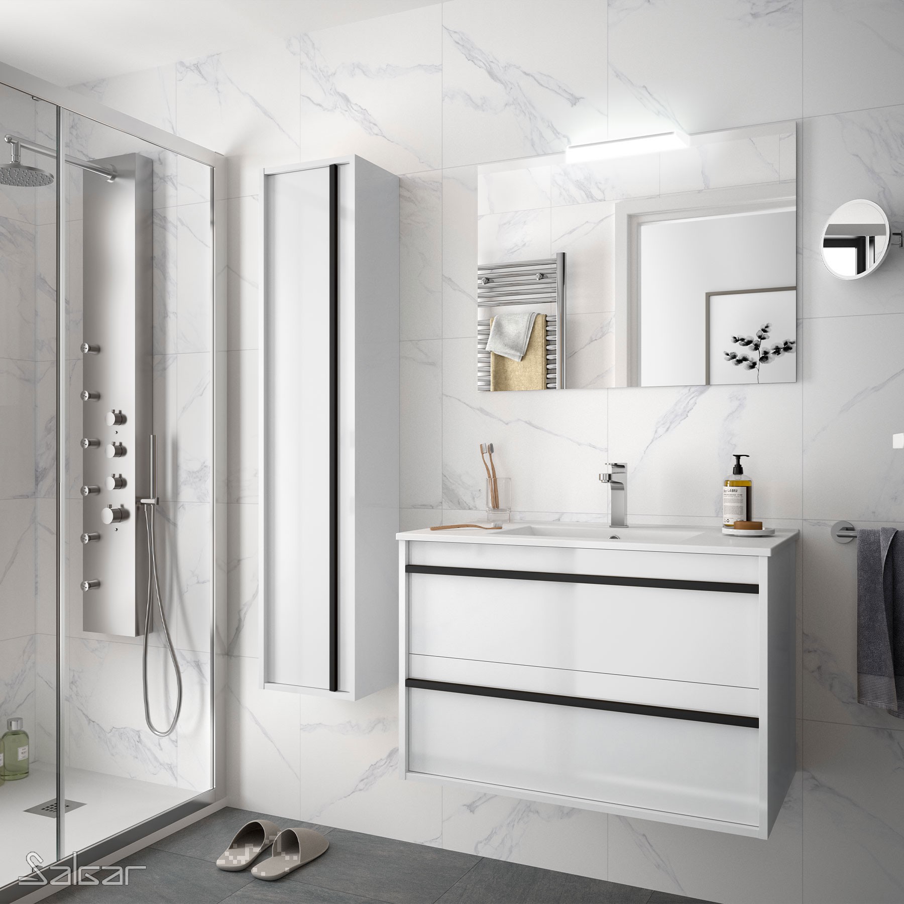 84942 SALGAR Комплект мебели для ванной ATTILA 800 WHITE GLOSS LACQUERED + Раковина + Зеркало + Свет Глянцевый белый