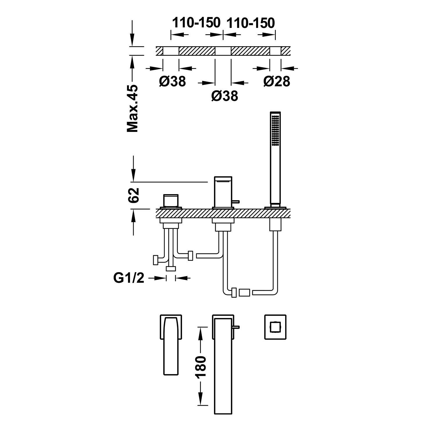 ТОНКИЙ смеситель для ванны с одной ручкой -20216103 TRES  - Вид №1