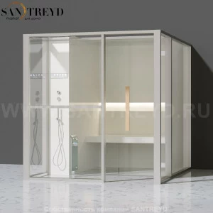 Effegibi LOGICAFILO H LO31020002 Хаммам. Установка: к стене. Левая дверь. Мощность: 4,5 кВт макс. Размеры: длина 214 см, ширина 250 см. Отделка: матовый лакированный белый аллюминий и серый ламинат из керамогранита.