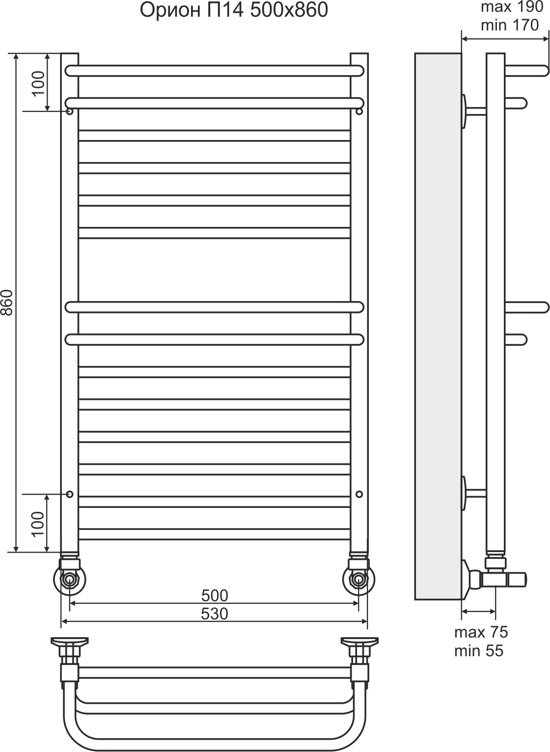 4620768888588 СТАНДАРТ Орион П14 500х860 (8+6) Полотенцесушитель TERMINUS Нержавеющая сталь - Вид №2
