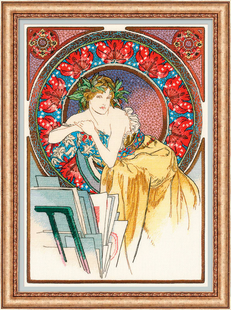 100/058 Набор для вышивания Девушка с мольбертом по мотивам произведения А.Мухи 28 х 40 см RIOLIS Premium