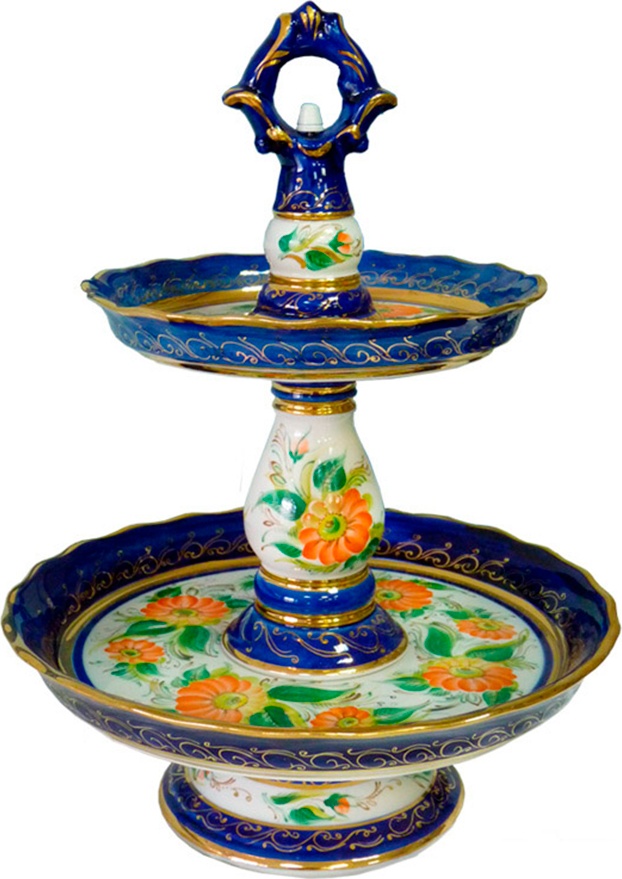 10618225 Гжельский фарфоровый завод Фруктовница 2-х ярусная (выс.худ.роспись) Фарфор 