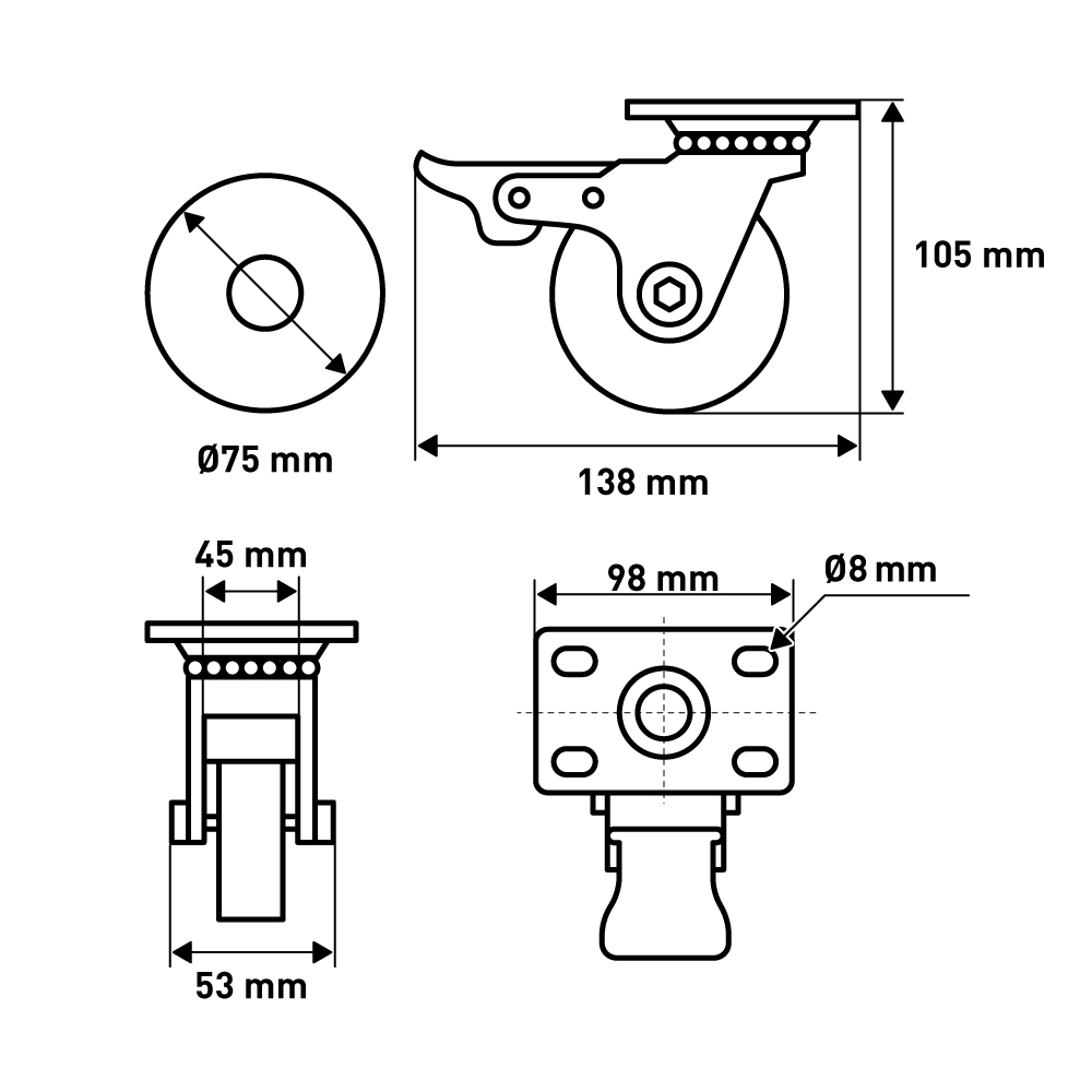 Мебельное колесо поворотное , на платформе, с тормозом, D75, черный LJPS0220 Public Steel Россия  - Вид №3