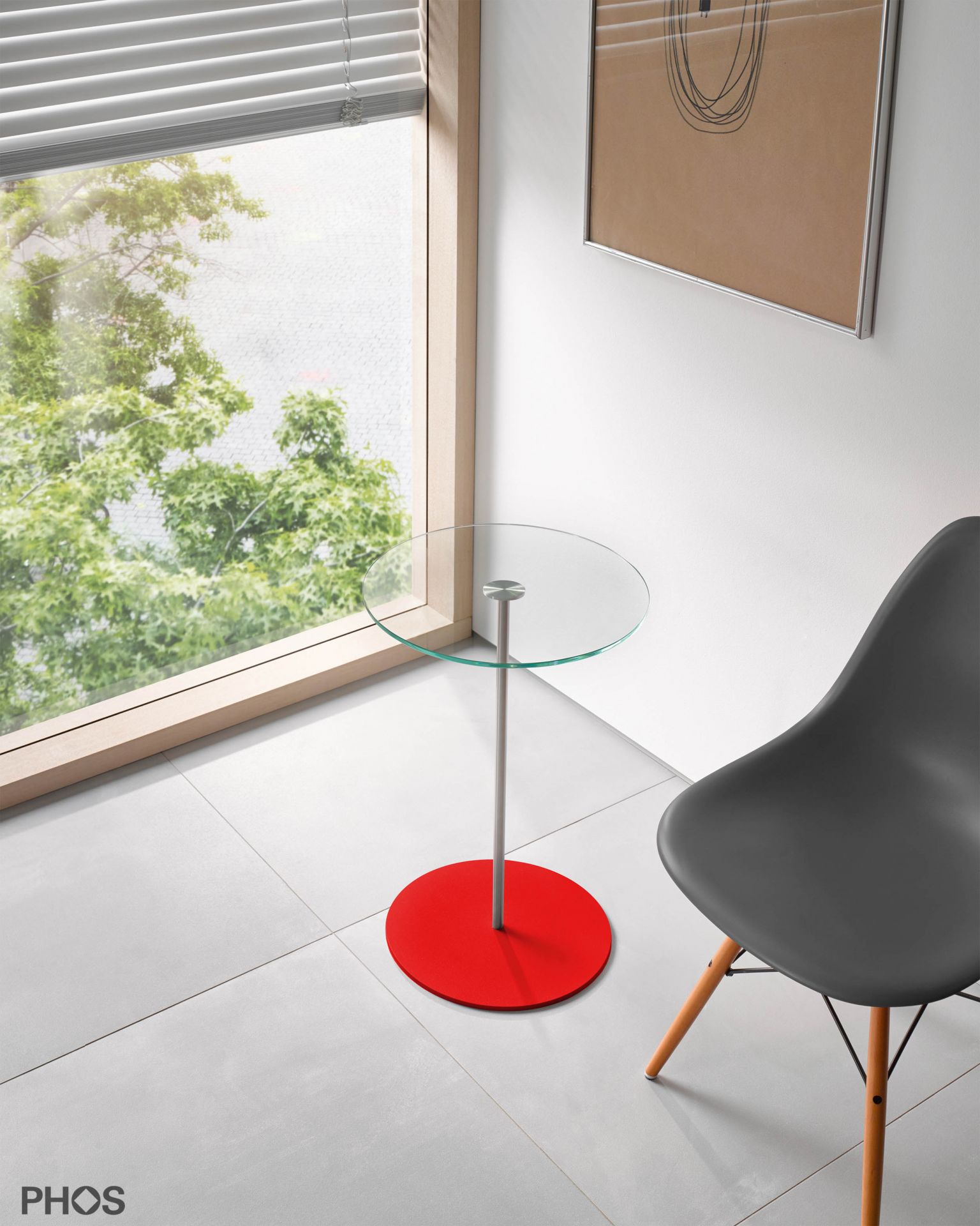 BT600G-BPR Приставной столик со стеклянной полкой, высота 60 см, основание: красное PHOS  - Вид №1