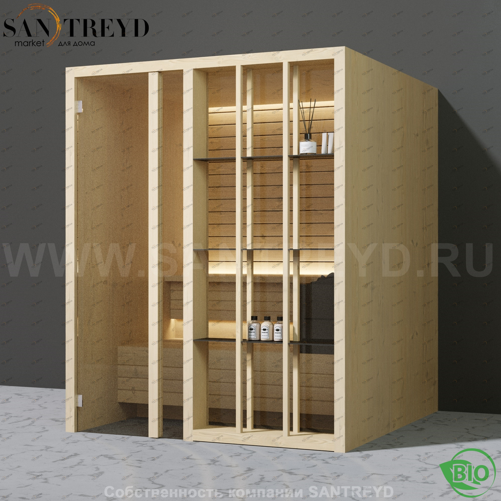 Effegibi YOKU.S60 BI.70100016 Био-сауна с левой дверью. Мощность: 6 кВт макс. Размеры: длина 174 см, ширина 170 см. Отделка: осина термообработанная BI70100016