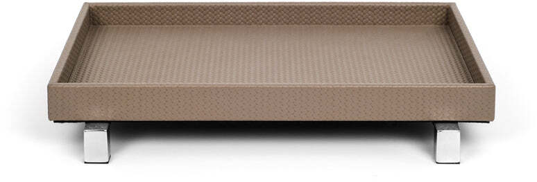 Риальто Поднос - 30X21,5XH4,5 см / металлическая отделка_сатинированная латунь / плетеная кожа_светло-серый