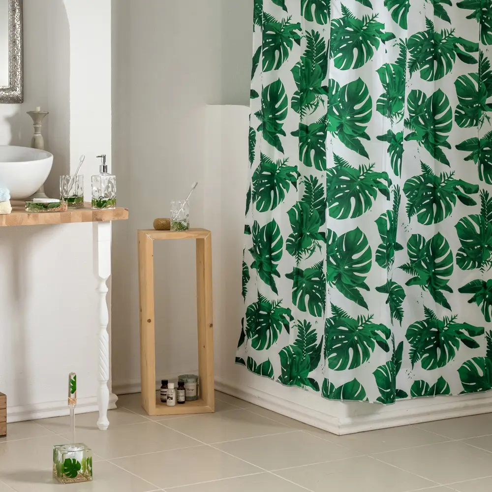 Штора для ванны Manu 180x200 см, полиэстер, цвет белый/зелёный WESS STLM-2154002 - Вид №8