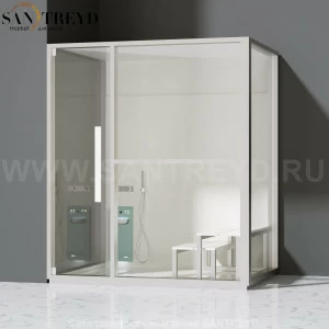 Effegibi H LARGE LO80020003 Комбинированная баня: хаммам и душ. Установка: в левый угол. Правая дверь. Мощность: 4,5 кВт макс. Размеры: длина 173 см, ширина 102 см. Отделка: матовый лакированный белый аллюминий и серый ламинат из керамогранита.
