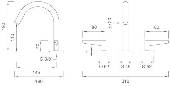 Ceadesign Смеситель для раковины из нержавеющей стали на 3 отверстия с регулируемым изливом Flag Flg 03 - Вид №1