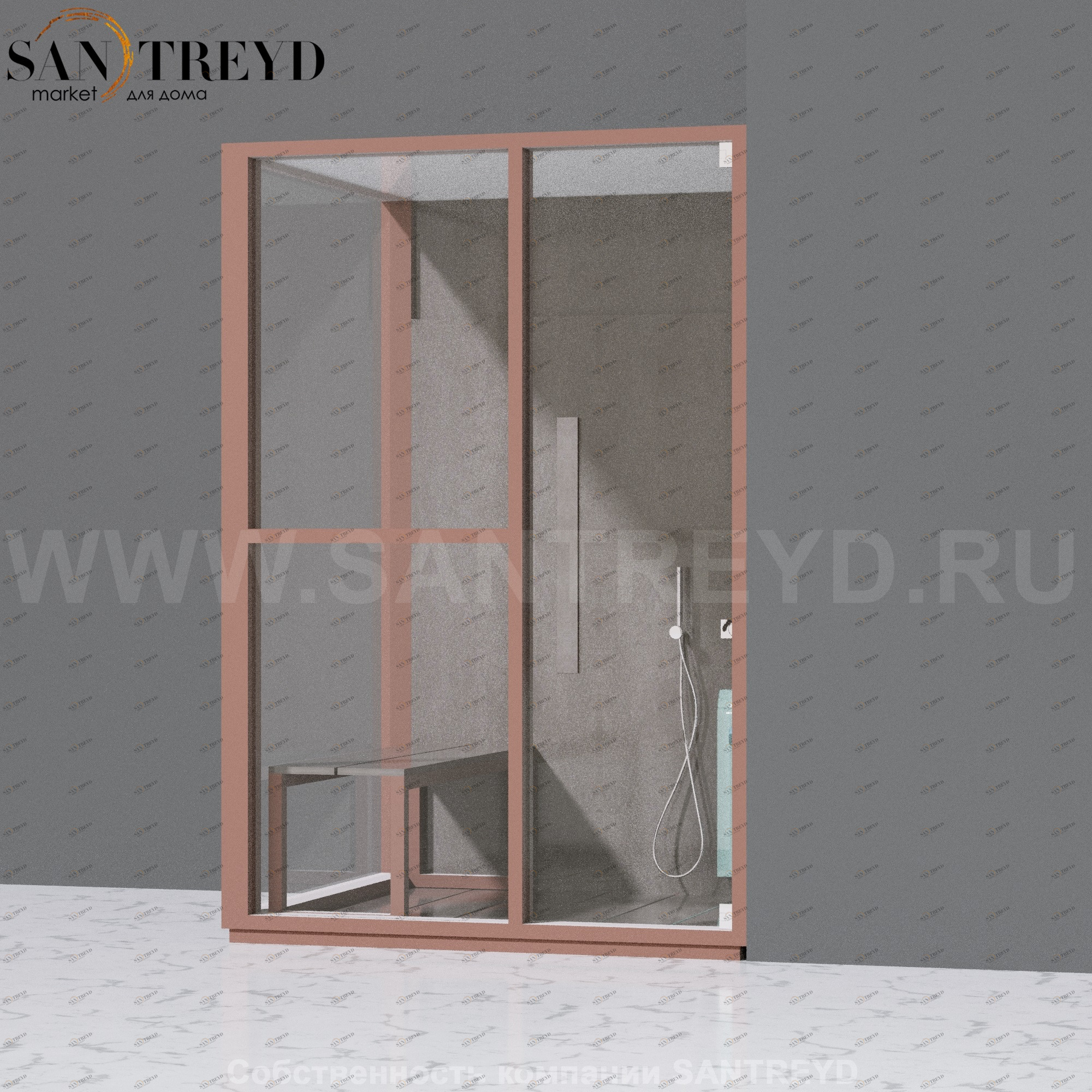 Effegibi H MEDIUM LO81030006 Комбинированная баня: хаммам и душ. Установка: в правый угол. Левая дверь. Мощность: 3 кВт макс. Размеры: длина 152 см, ширина 102 см. Отделка: матовый лакированный коричневый аллюминий и темный ламинат из керамогранита.