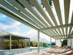 Биоклиматическая беседка с неподвижными и подвижными лезвиями