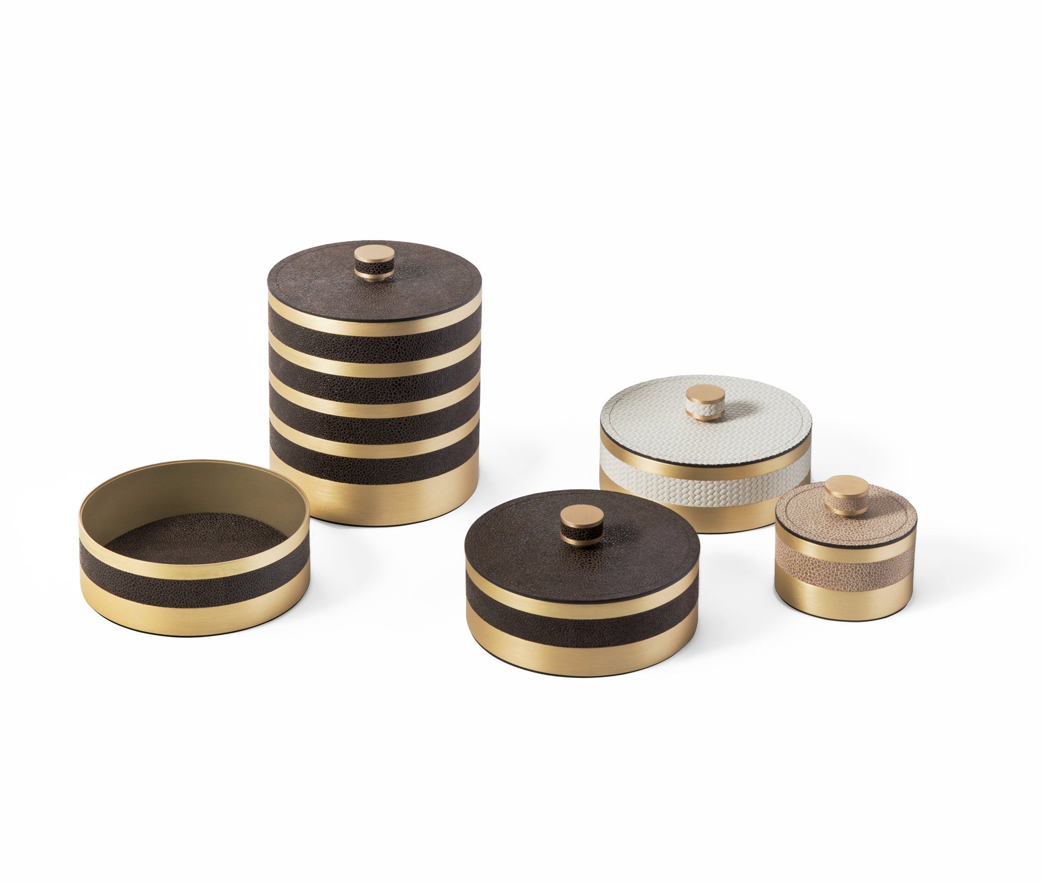 Шкатулка Saturno - Ø 15XH5,5 см / металл-финиш_сатин-латунь / ари-кожа_серо-коричневый Pinetti G5.1284.037.048 - Вид №4