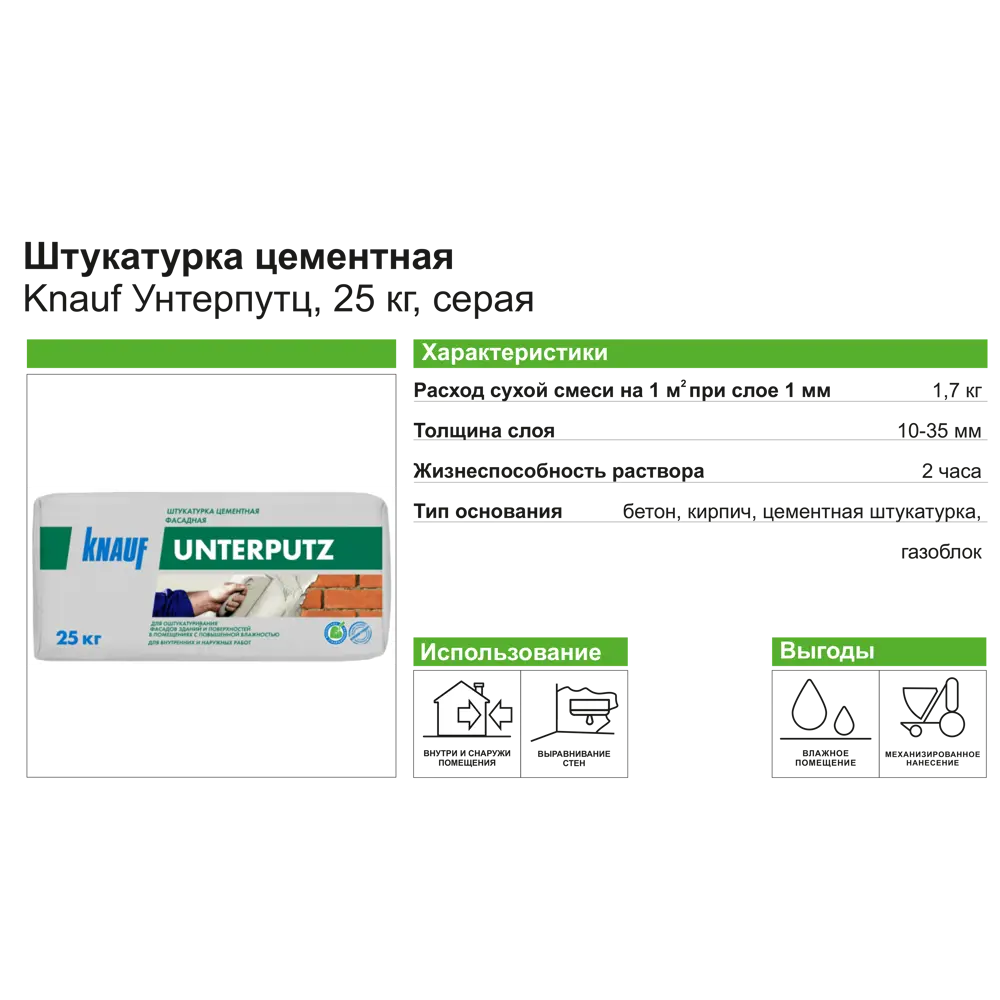 Штукатурка цементная KNAUF Унтерпутц для внутренних и наружных работ 25 кг 14472261 Unterputz STLM-0004986 - Вид №2