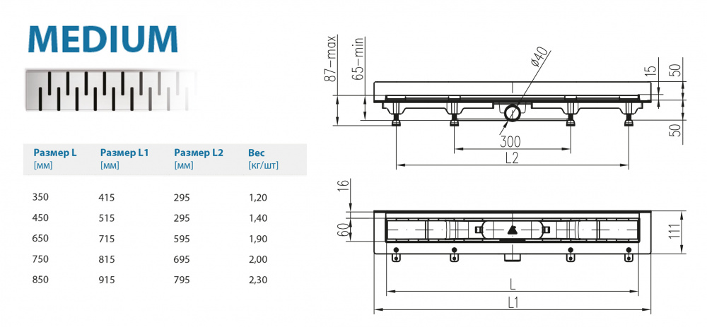 Водоотводящий желоб ALPEN Medium ALP-650M3 для монтажа вплотную к стене  - Вид №1