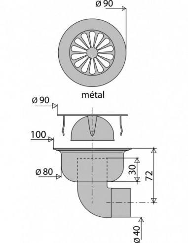 460100 000 00  Трап для душевой кабины, решетка D 90 мм с раструбом, слив вертикальный, латунь и нержавеющая сталь Valentin Хром  - Вид №2