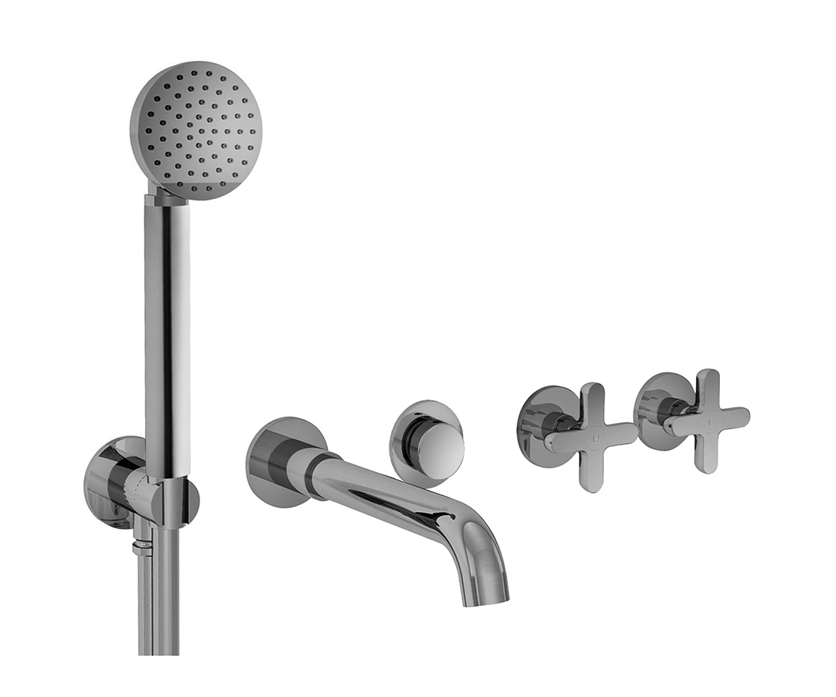 R019B+R019A  Встроенный смеситель для ваннывылет 20 см ручки переключатель на 2 потока с поворотной кнопкой ручная лейка ICONA шланговое подсоединение с держателем для ручной лейки гибкий шланг 150 см ПВХ картридж керамический 90° впуски 1/2'' Fantini Rub Fantini Rubinetti Icona classic