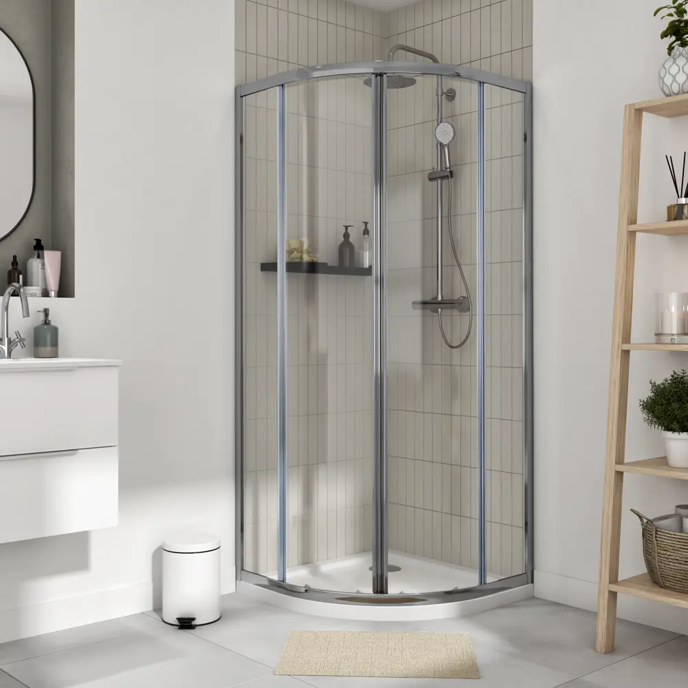 82173385 Душевой уголок Sensea Essential 1/4 круга 90х90 см хромированный профиль прозрачное стекло раздвижной STLM-0994686