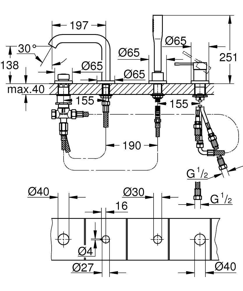 Смеситель однорычажный для ванны GROHE Essence New, на 4 отверстия, темный графит (19578A01) - Вид №1