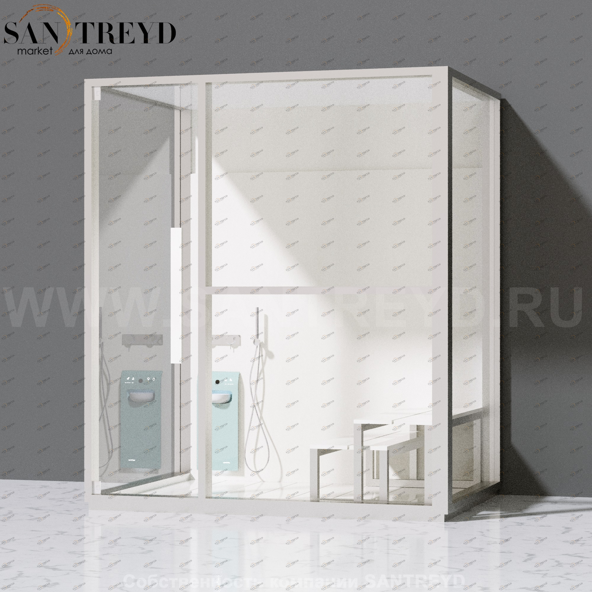 Effegibi H LARGE LO80020001 Комбинированная баня: хаммам и душ. Установка: к стене. Правая дверь. Мощность: 4,5 кВт макс. Размеры: длина 173 см, ширина 102 см. Отделка: матовый лакированный белый аллюминий и серый ламинат из керамогранита.