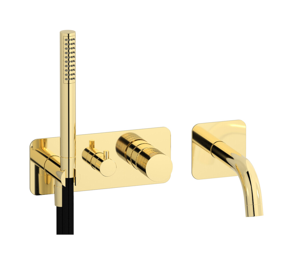 Настенный смеситель для ванной на дивертером и душевым гарнитуром. WE ARE IB vn392mb Pale Gold Vinile