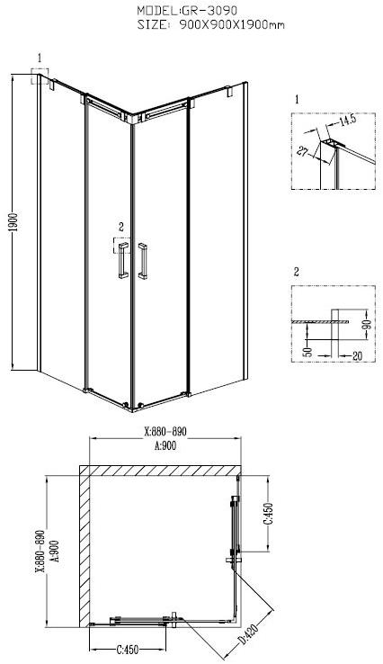 Душевое ограждение GROSSMAN GR-3090 Galaxy 90*90*190 квадрат, двери раздвижные - Вид №1