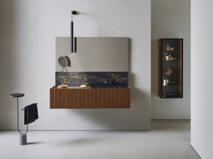 Подвесной шкаф из дерева и керамики со встроенной раковиной