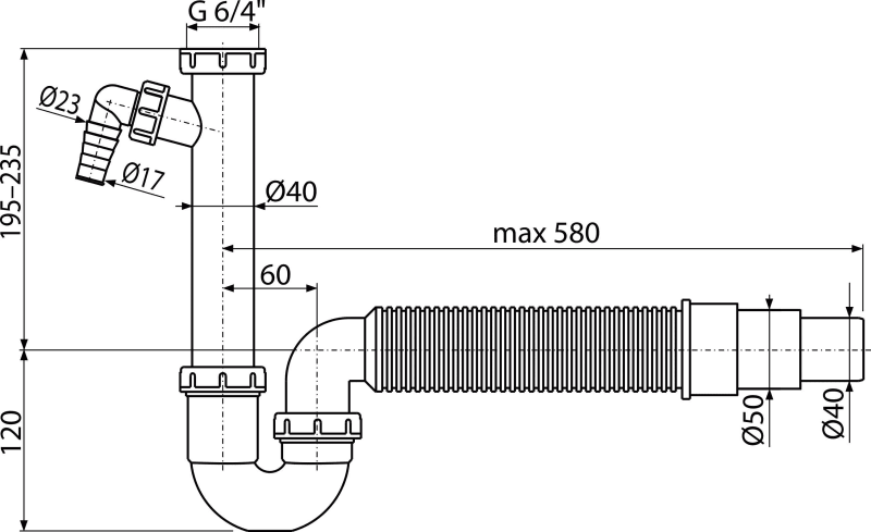 Сифон трубчатый с накидной гайкой 6/4" со штуцером и гофрой ALCAPLAST A83DN5040 - Вид №1