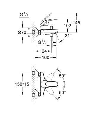 Настенный однорычажный смеситель для ванны/душа с 2 отверстиями Grohe Euroeco ARCH-00141050 - Вид №1