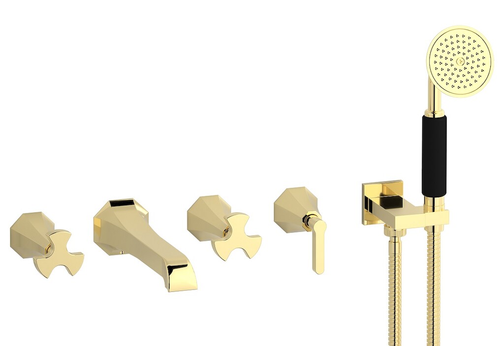 Настенный смеситель для ванной на 5 отверстий с дивертером и душевым гарнитуром. WE ARE IB bt398ii Pale Gold Belmondo 