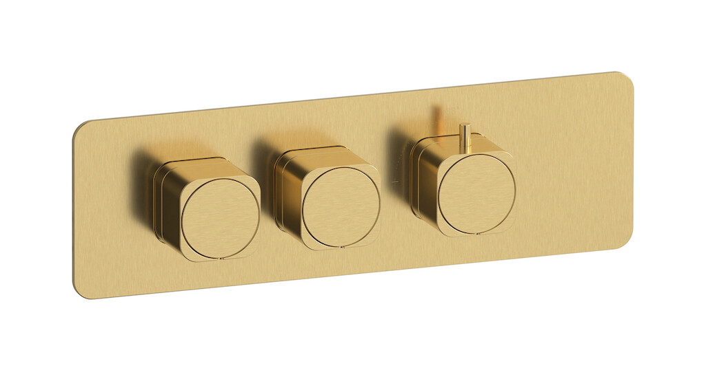 Комплект мягкой термостатической двусторонней горизонтальной пластины и ручек с прямоугольной пластиной WE ARE IB eua226osneo_1 Brushed Gold Aqua