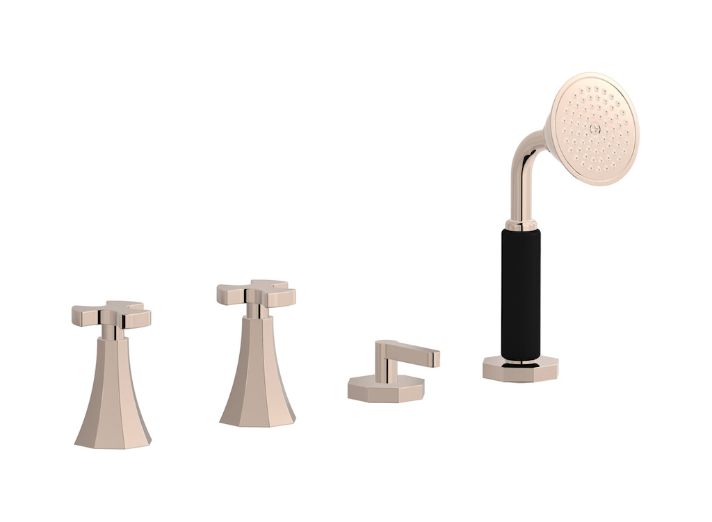 Смеситель на бортик ванной на 4 отверстия с изливом, дивертером и душевым гарнитуром. WE ARE IB bt397rs Rose Gold Belmondo 