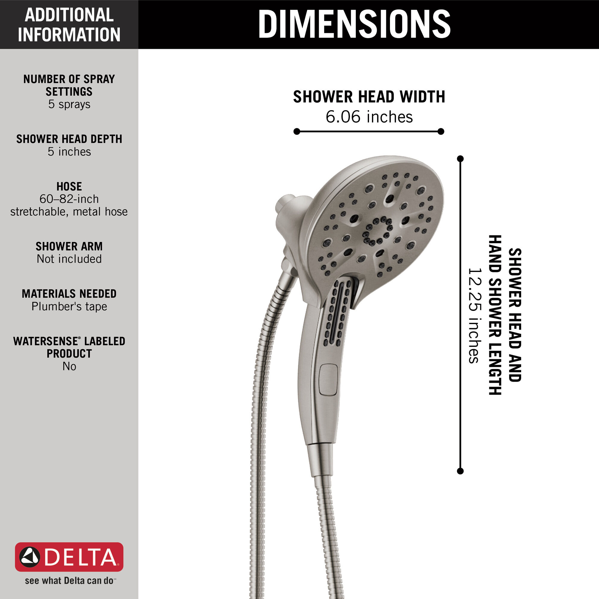 58620-SS25-PK In2ition® H2Okinetic® Душ два в одном с 5 настройками Delta Faucet Universal Showering Нержавеющая сталь  - Вид №13
