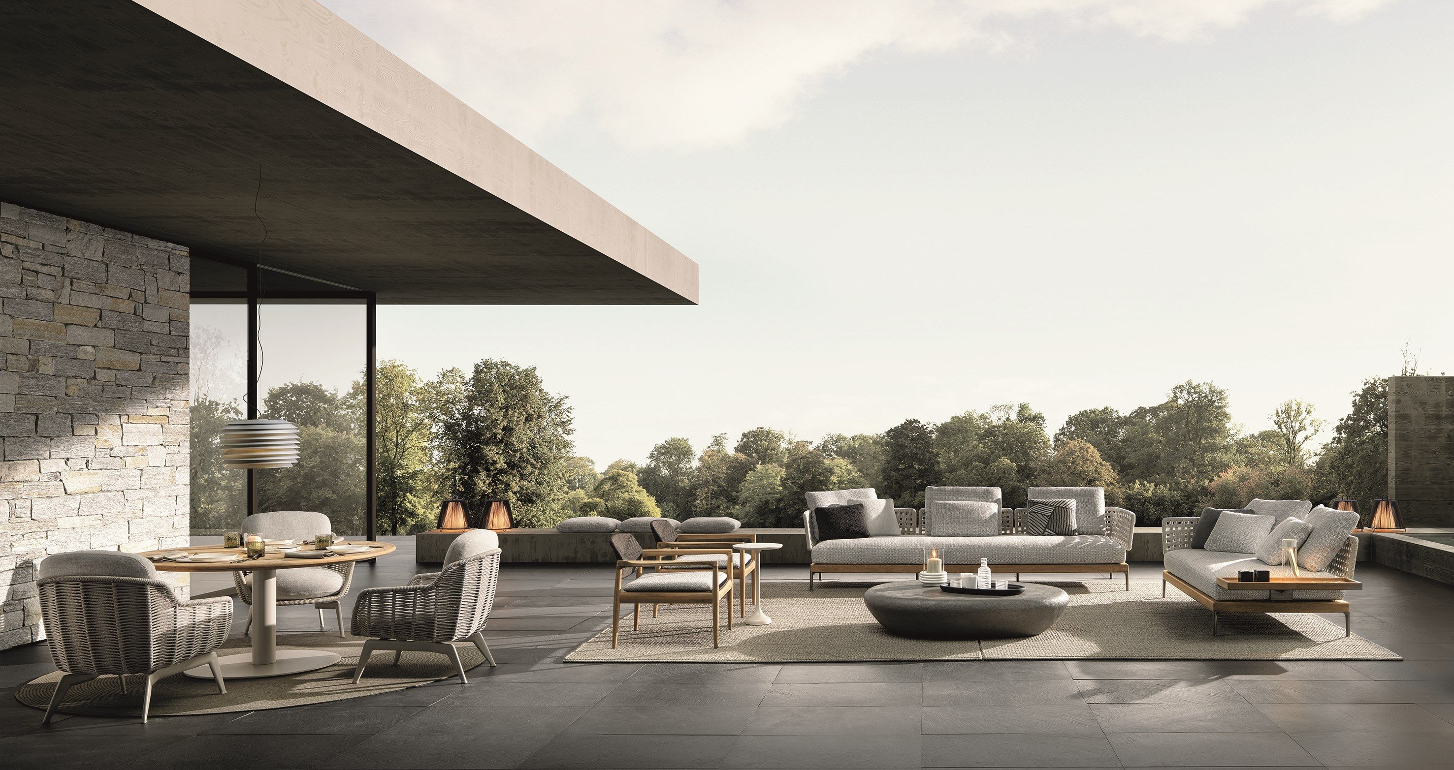 2-местный открытый диван из ткани с тиковым основанием Minotti патио ТИК ARCH-00027041