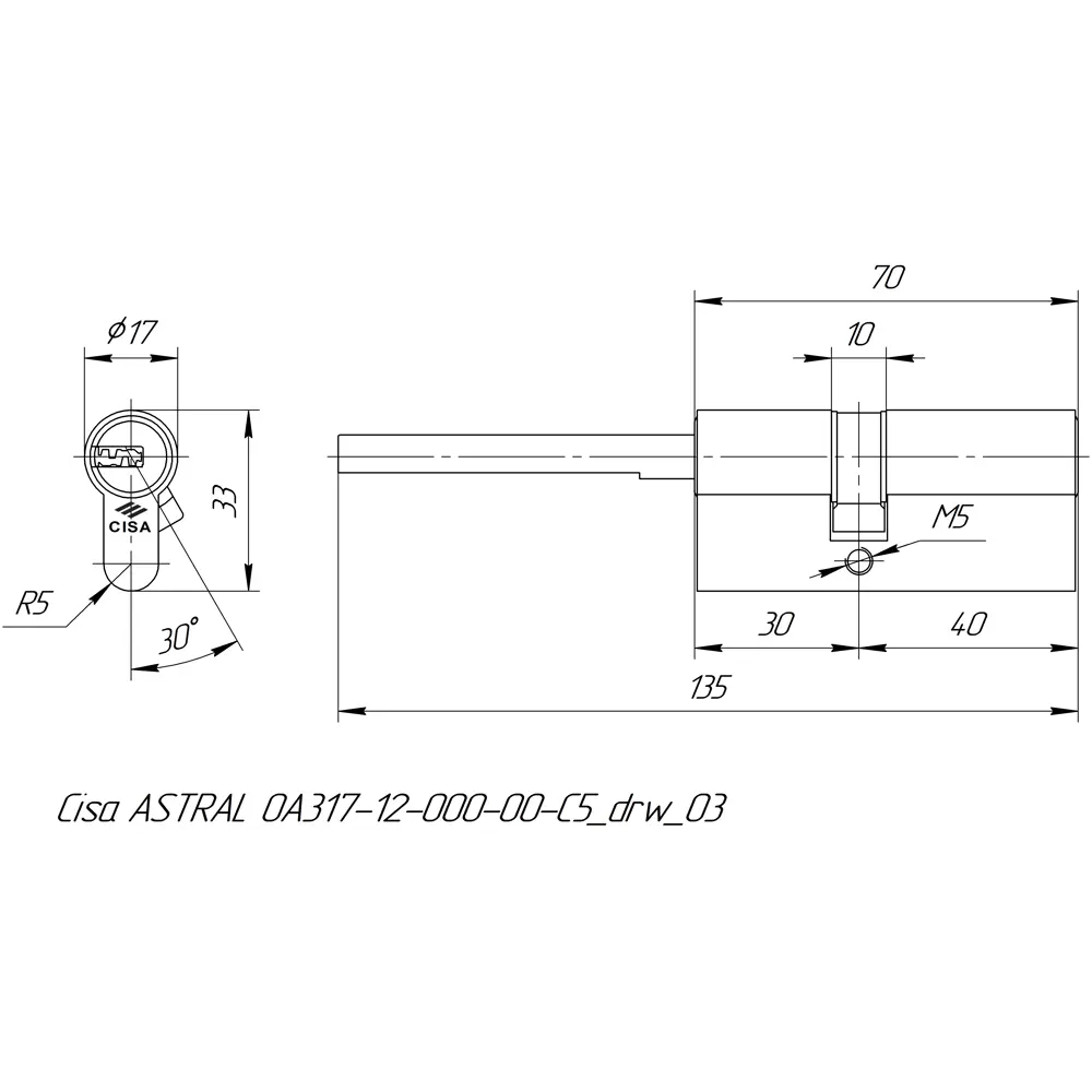 Цилиндр Cisa Astral ОА317-12.00, 35x10x25 мм, ключ/шток, цвет латунь, без вертушки STLM-2047601 - Вид №4