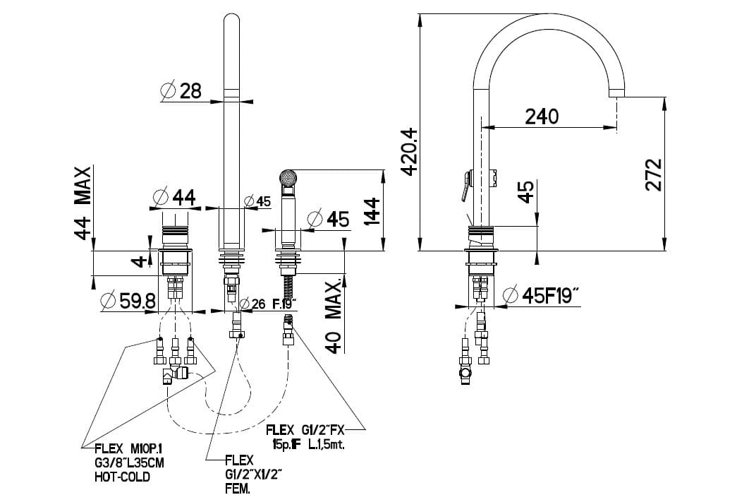 Однорычажный смеситель для кухни с 3 отверстиями Gaia Mobili Complements ARCH-00092765 - Вид №2
