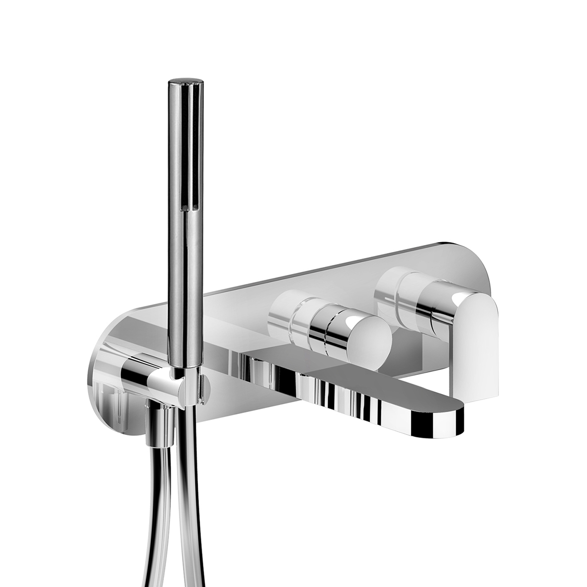 V021B+R021A  Встраиваемый смеситель для ваннывылет 20 см ручка переключатель на 2 потока с поворотной кнопкой ручная лейка SUN шланговое подсоединение с держателем для ручной лейки гибкий шланг 150 см ПВХ впуски 1/2'' Fantini Rubinetti MARE