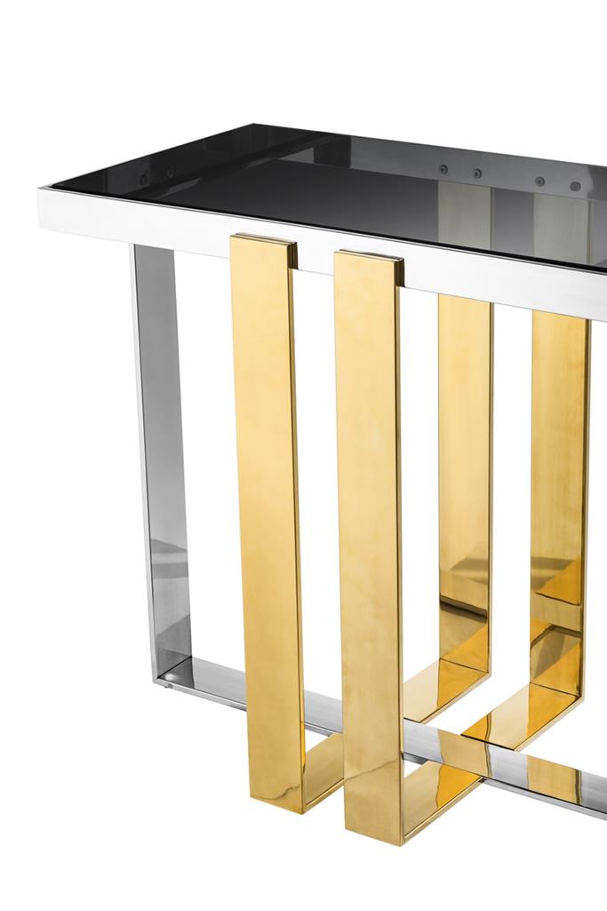 Консоль металлическая золотая, стальная с дымчатой стеклянной столешницей 110669 от Eichholtz EICHHOLTZ  247405 Золото;серый  - Вид №1