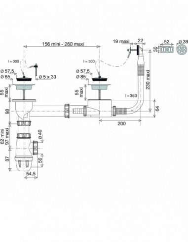 785500 000 00  Полный комплект для мойки с 2 чашами, Д. 60 мм, с переливом, нержавеющая сталь, сертифицировано NF Valentin Сталь  - Вид №2
