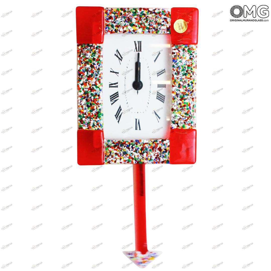 1266 ORIGINALMURANOGLASS Настенные часы с маятником Красные уголки - маленькие - муранское стекло 14 см 