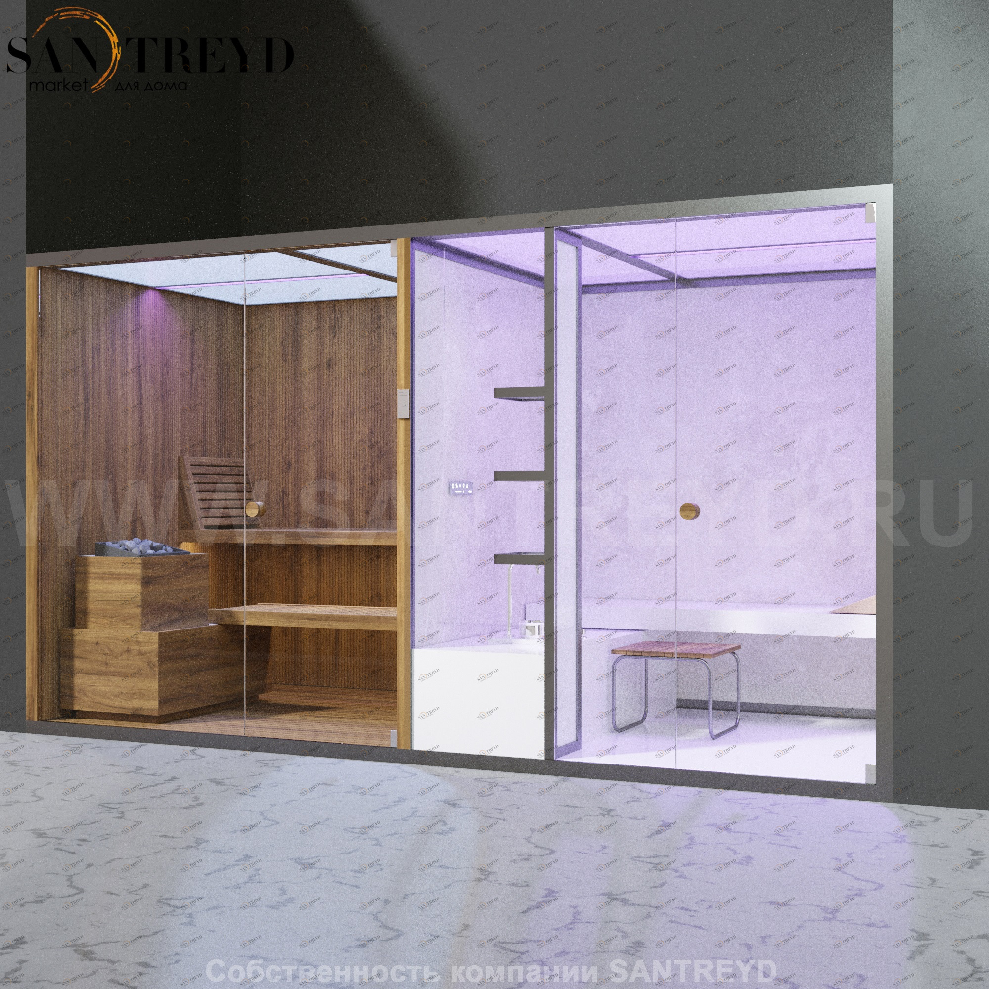 Effegibi BODYLOVE SH BL40210001 Фронтальная комбинированная баня: хаммам и сауна. Установка: в нишу. Мощность: 15 кВт макс. Размеры: длина 393 см, ширина 176 см. Отделка: термообработанная древесина и светлый керамогранит.