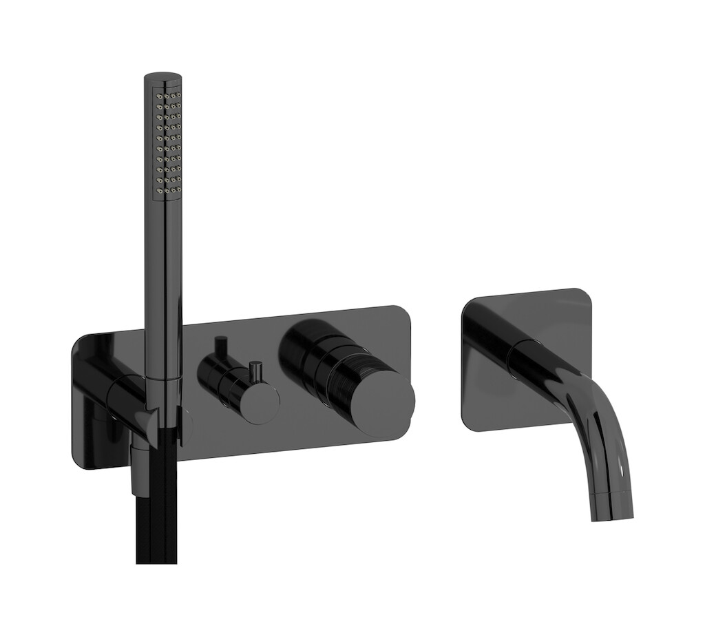 Настенный смеситель для ванной на дивертером и душевым гарнитуром. WE ARE IB vn406is Black Chrome Vinile