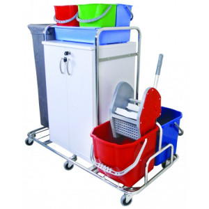KHA 3201 Nossa Уборочная тележка многофункциональная шкаф с полками с замком отжим с ведрами 2х20 л. лоток, цветные ведра 4х5л. мешок сьемны для мусора или белья поворотные колеса 80мм.