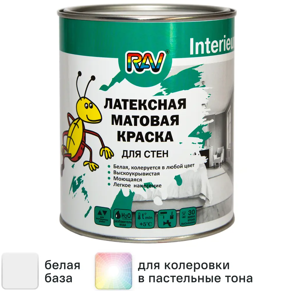 Краска для стен Rav InterieurLatex матовая цвет белый база А 1 л 82127820 STLM-2068435 