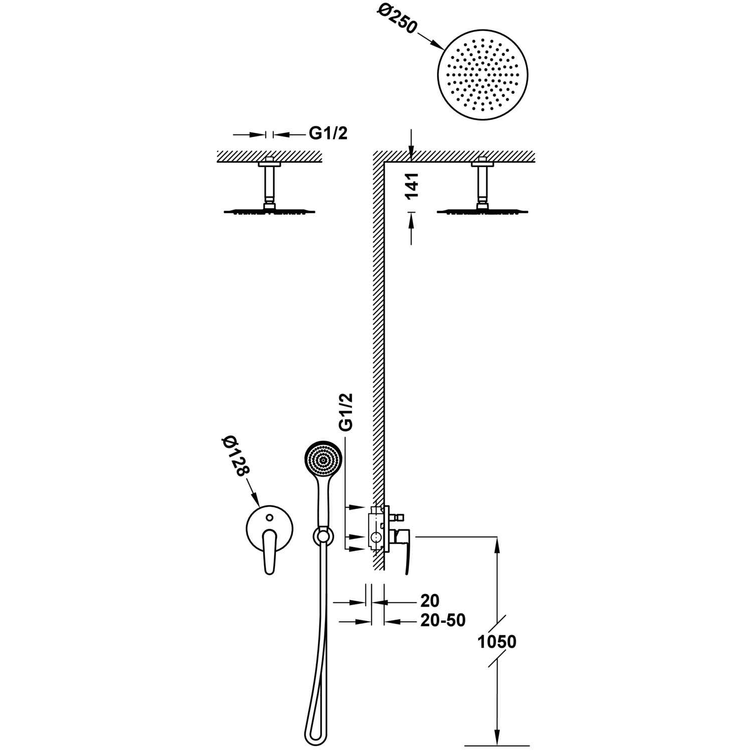 Комплект ПЛОСКОГО 2-ходового скрытого смесителя для душа с одной ручкой-20418005 TRES  - Вид №1
