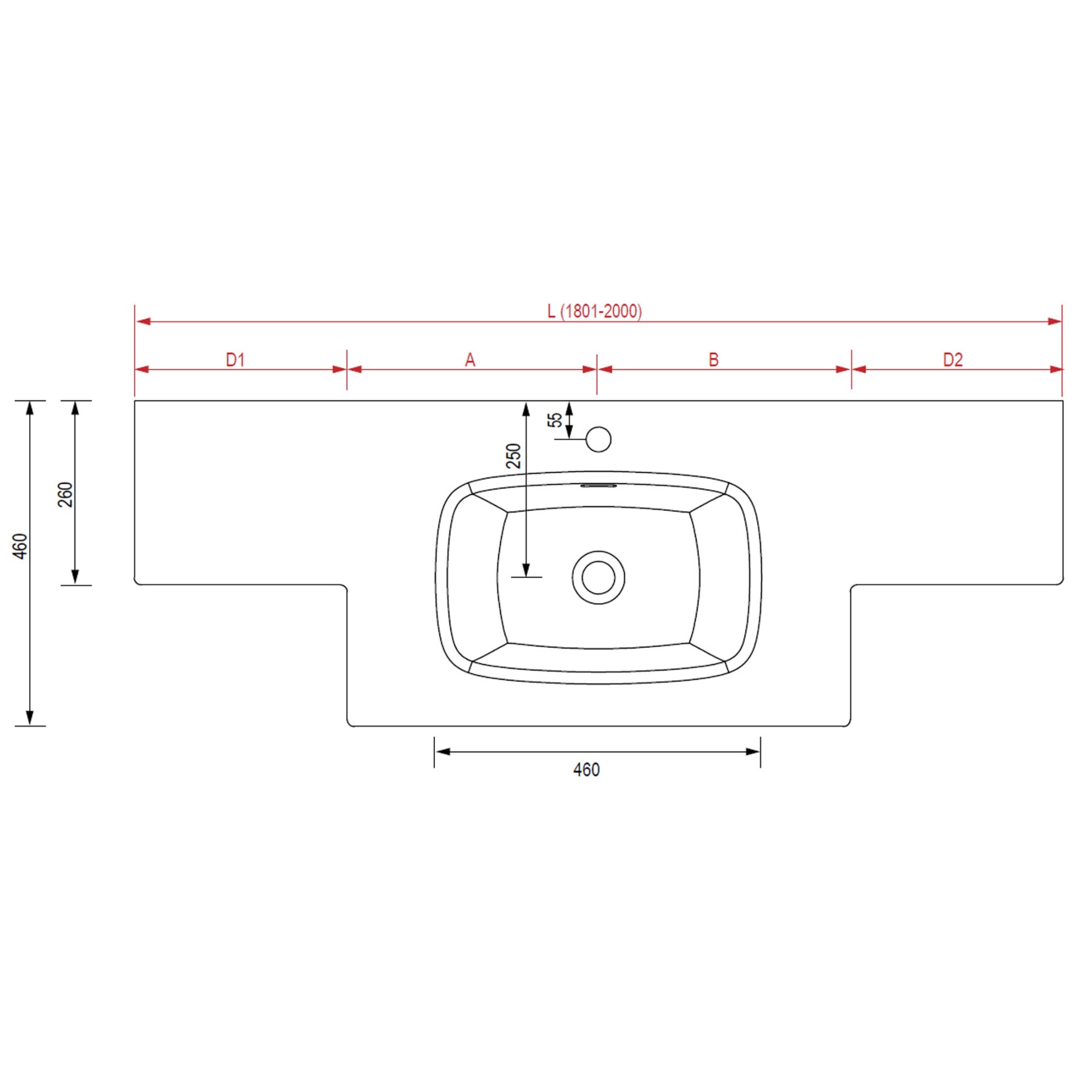 87986 SALGAR Твердая поверхность раковины на заказ, две разные глубины, без ловушки для бутылок и сливного поддона 46 см 1801-2000 x 12 x 460 мм  - Вид №1