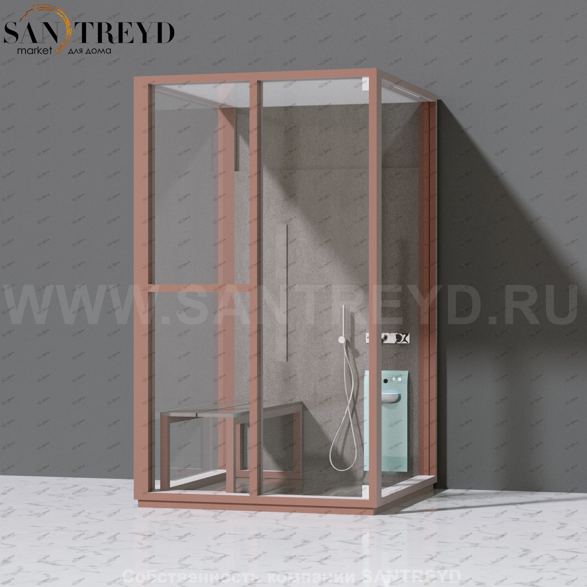 Effegibi H SMALL LO82030002 Комбинированная баня: хаммам и душ. Установка: к стене. Левая дверь. Мощность: 3 кВт макс. Размеры: длина 131 см, ширина 92 см. Отделка: матовый лакированный коричневый аллюминий и темный ламинат из керамогранита.