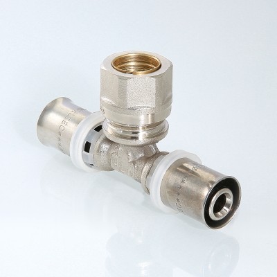 VTm.233.I.201516 Пресс-фитинг – тройник с переходом на обжимное соединение Valtec 20 x 15 x 16 мм  - Вид №1