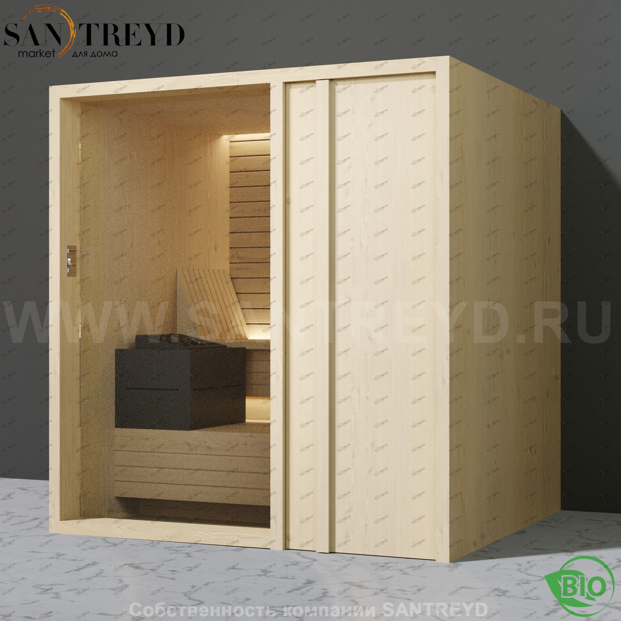 Effegibi YOKU.D80 BI.70200009 Био-сауна с правой дверью. Мощность: 9 кВт макс. Размеры: длина 202 см, ширина 180 см. Отделка: осина термообработанная BI70200009