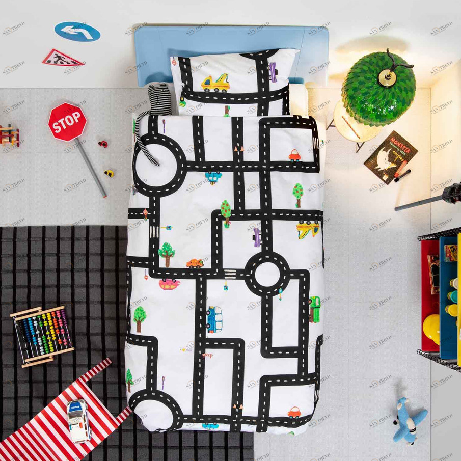 Детское постельное белье односпальное "Игрушечный трек" 150х200 см SNURK  335431 Белый;черный 