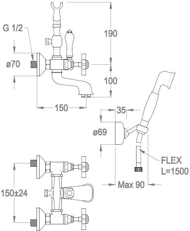 Fir Italia Настенный смеситель для ванны с ручным душем Canterbury 30 3031232 - Вид №1